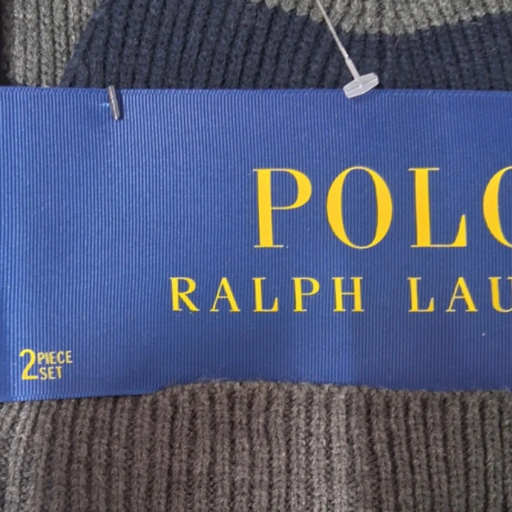 RALPH LAUREN POLO Gray Knit Hat & Scarf Set with Navy Blue Stripe NWT